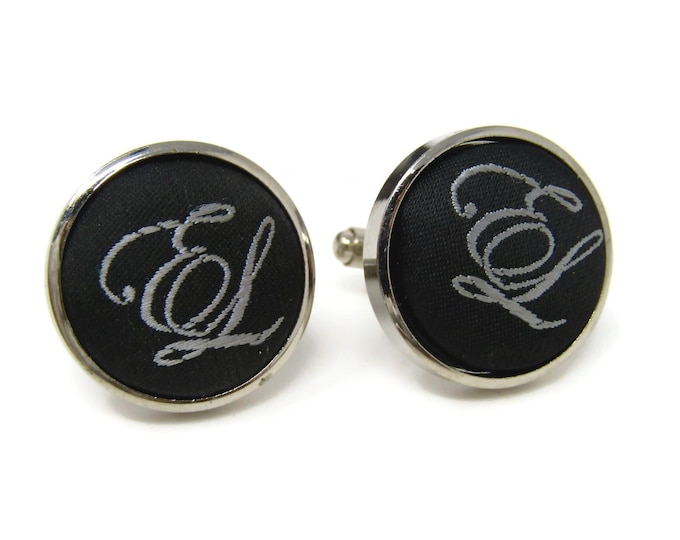 Vintage Cufflinks for Men: EL English Laudry Embroidered Fabric Black Silver Tone Border