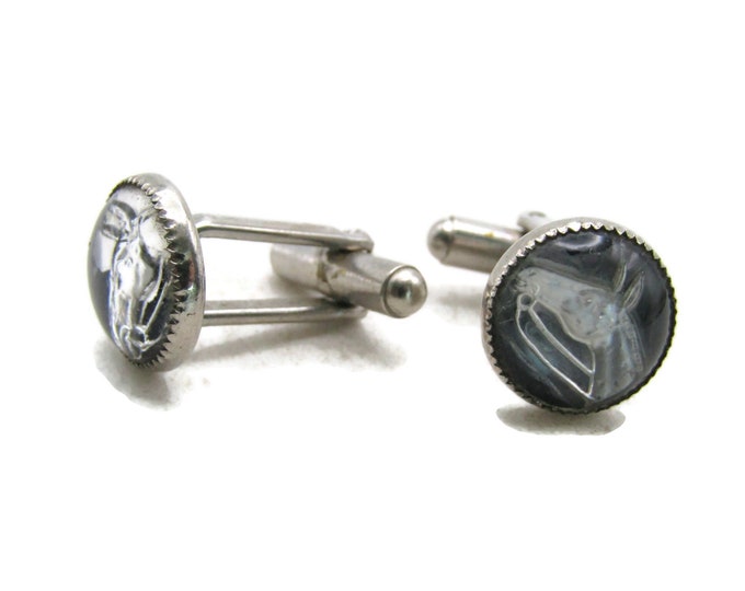Horse Head Cuff Links Silver and Back Stone Inlay Men's Jewelry