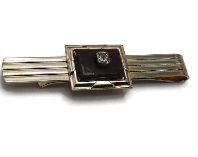Maroon & Rhinestone Inlay Tie Bar Gold Tone Tie Clip Men's Jewelry
