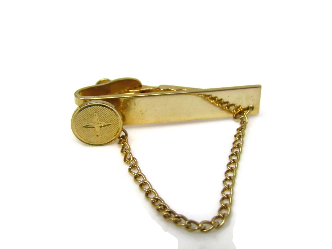 Star Etch Chain Tie Clip for Men Vintage Tie Bar Nice Design Gold Tone