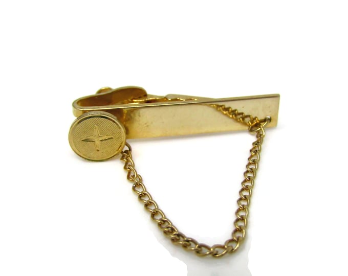 Star Etch Chain Tie Clip For Men Vintage Tie Bar Nice Design Gold Tone Gift for Dad, Brother, Husband, Son