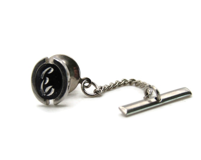 Oval E Letter Initial Monogram Tie Pin Men's Jewelry Black And Silver Tone