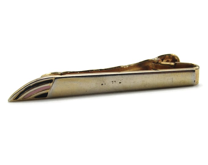 Pink Black Strip Tip Tie Bar Gold Tone Tie Clip Vintage Men's Jewelry