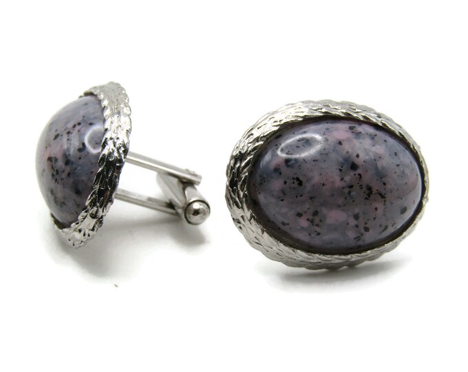Pink Speckled Stone Inlay Oval Cuff Links Men's Jewelry Silver Tone