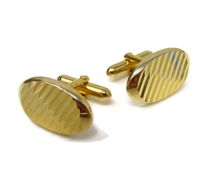 Striped Cufflinks for Men Vintage Gold Tone Grooved Design Oval