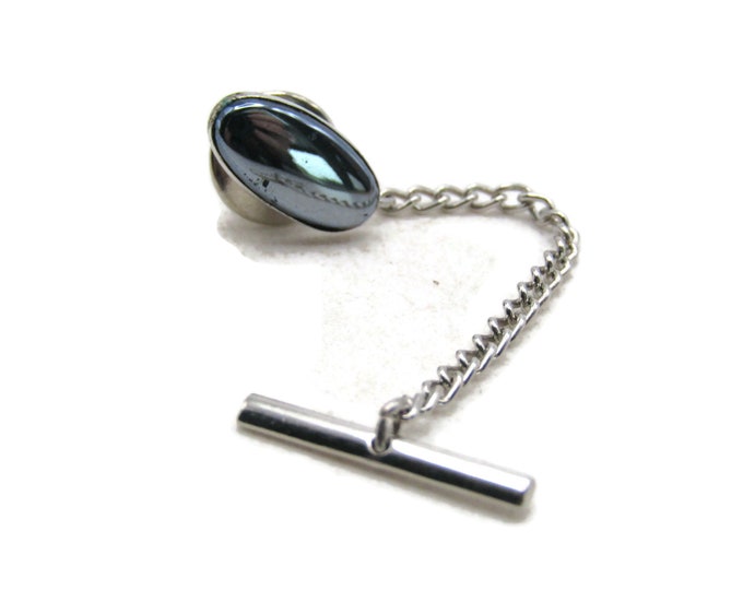 Shiny Black Stone Inlay Tie Lapel Pin & Chain Silver Tone Men's Jewelry