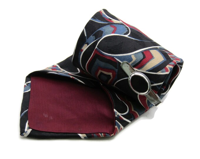 Blue Red And Cream Abstract Print Tie With Black Stone Inlay Tie Clip Tie Bar Silver Tone