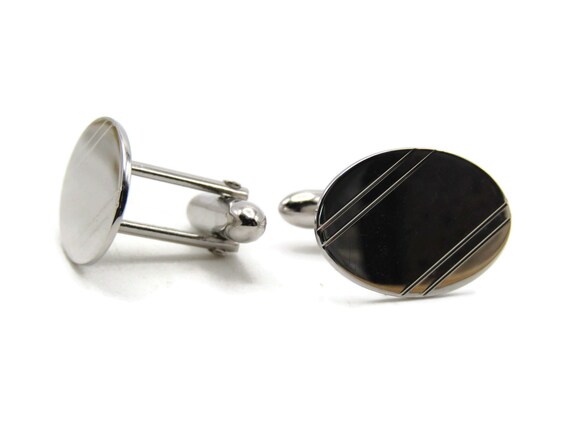 Diagonal Lines Oval Cuff Links Rectangular Men's … - image 1