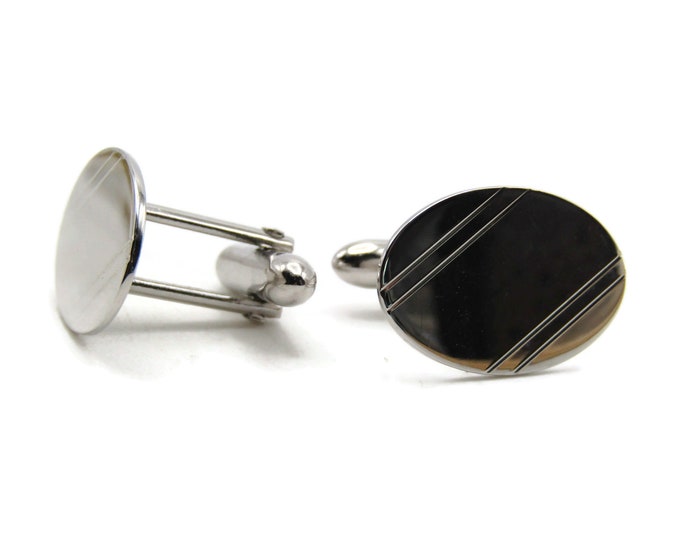 Diagonal Lines Oval Cuff Links Rectangular Men's Jewelry Silver Tone