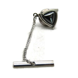Triangle Shape Black Stone Inlay Tie Lapel Pin & Chain Silver Tone Men&#39;s Jewelry