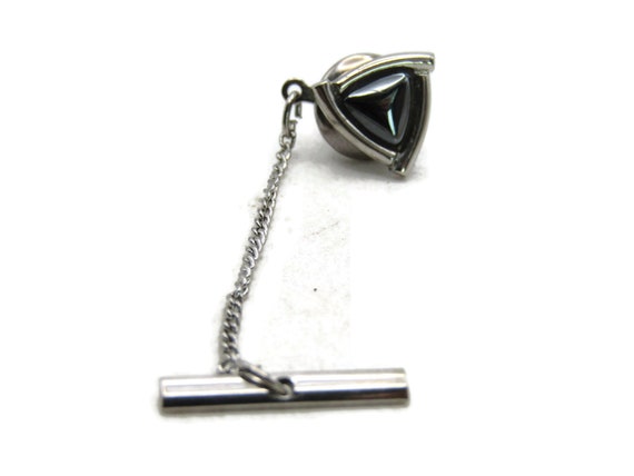 Triangle Shape Black Stone Inlay Tie Lapel Pin Chain Silver Tone