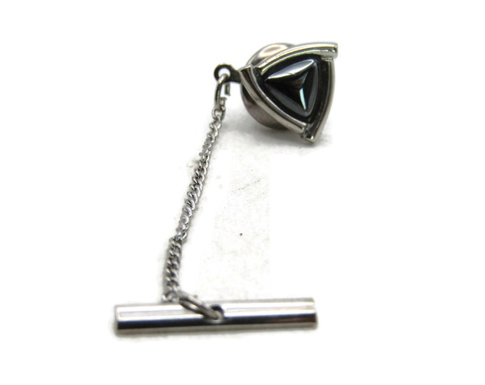 Triangle Shape Black Stone Inlay Tie Lapel Pin & Chain Silver Tone Men's Jewelry