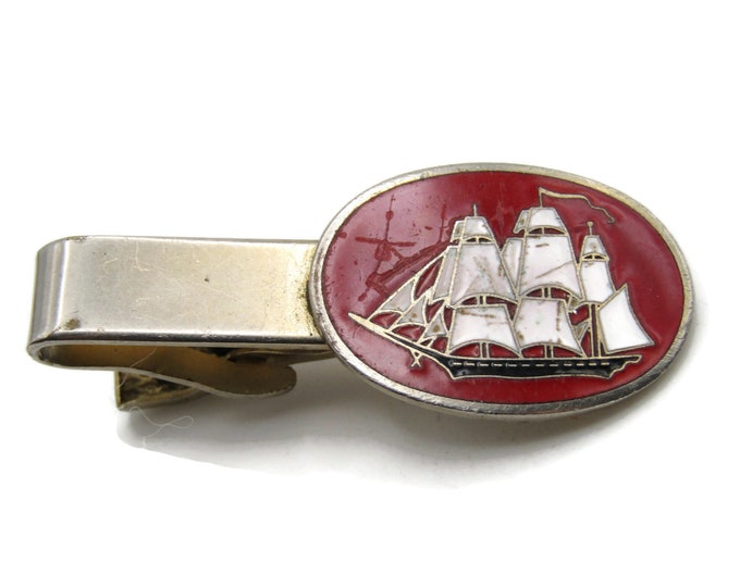 White Ship Red Stone Background Tie Clip Tie Bar Men's Jewelry Gold Tone