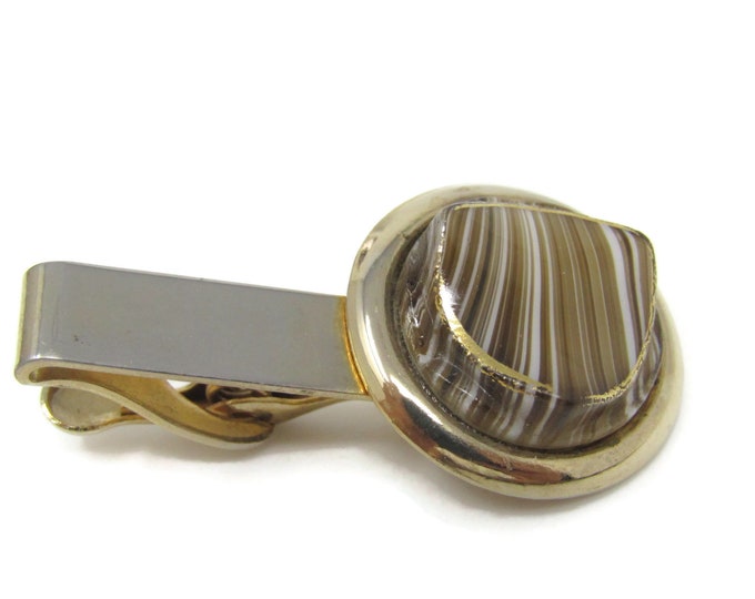 Striped Glass Tie Clip Bar Gold Tone Vintage Men's Jewelry Nice Design