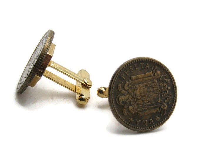 Una Peseta Round Coin Cuff Links Men's Jewelry Gold Tone