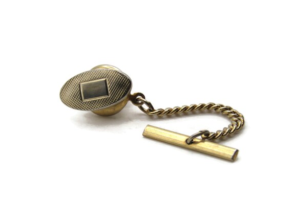 Oval Tie Pin And Chain Textured And Rectangle Center Men's Jewelry Gold Tone