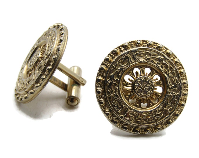 Round Decorative Motif Cuff Links Men's Jewelry Gold Tone