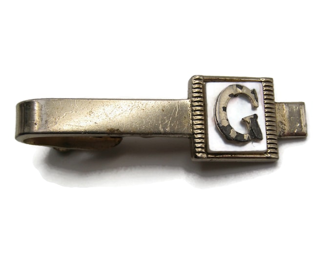 G Initial Letter Monogram Mother of Pearl Inlay Gold Tone Tie Bar Tie Clip Men's Jewelry