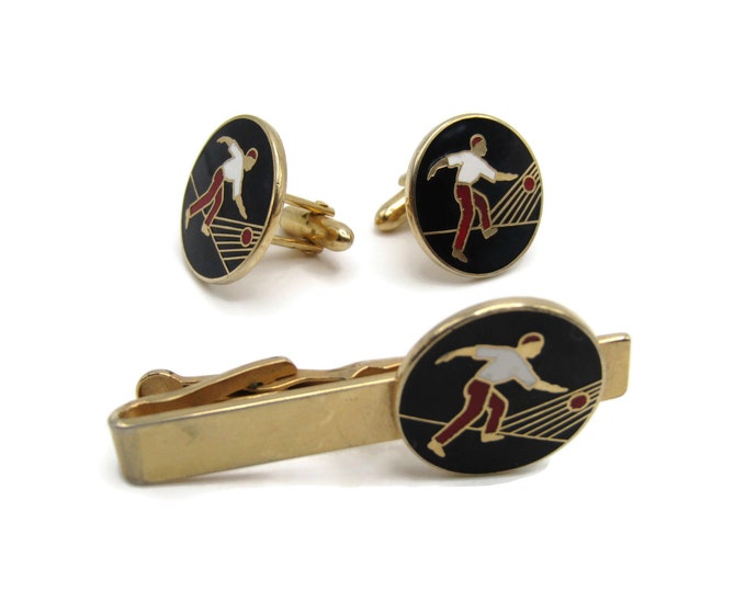 Bowling Lanes Bowler Gift Vintage Men's Jewelry Set: Tie Bar Cufflinks