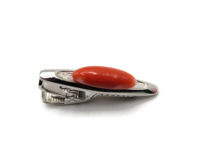 Salmon Colored Stone Center Silver Tone Smooth Finish Tie Bar Tie Clip Men's Jewelry