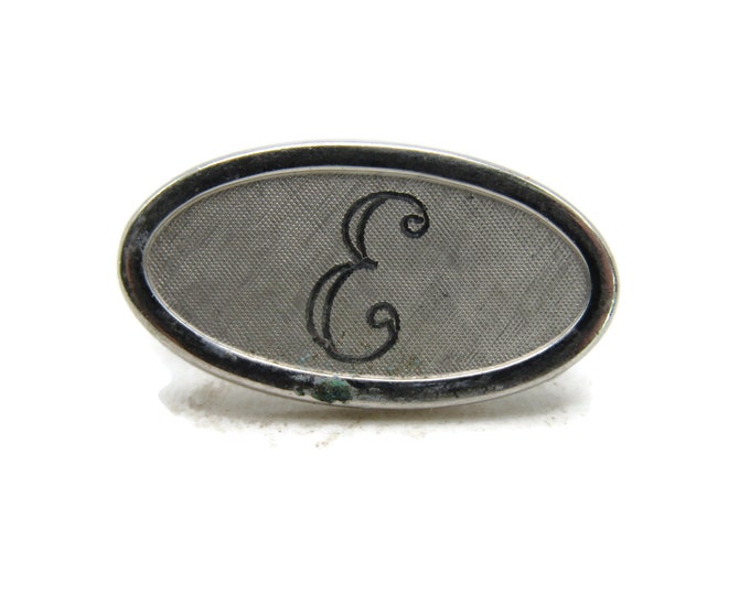 E Letter Initial Monogram Oval Tie Bar Silver Tone Tie Clip Men's Jewelry