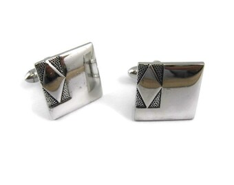 Vintage Cufflinks for Men: Diamond Shape on Black Dotted Background Silver Tone Square