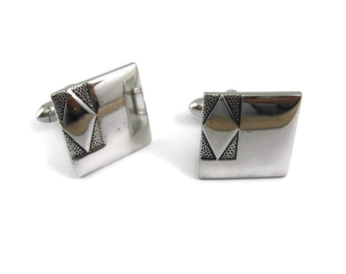 Vintage Cufflinks for Men: Diamond Shape on Black Dotted Background Silver Tone Square
