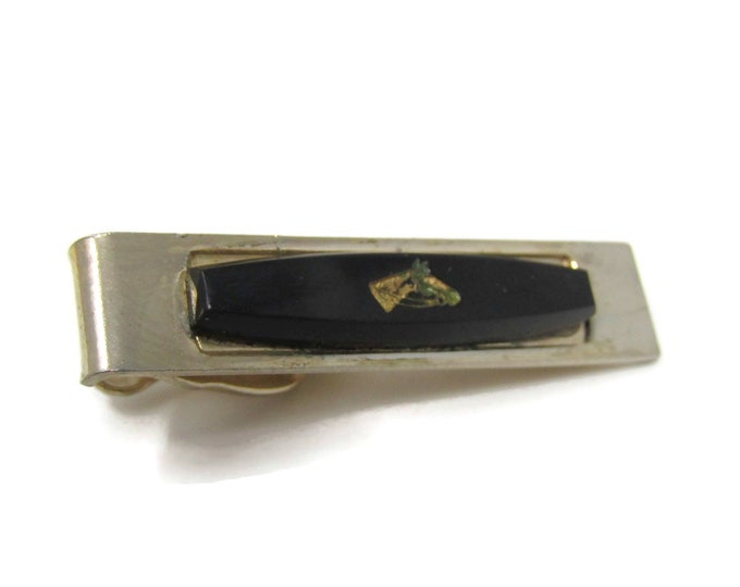Horse Head Center Black Glass Tie Bar Clip Gold Tone Vintage Men's Jewelry Nice Design