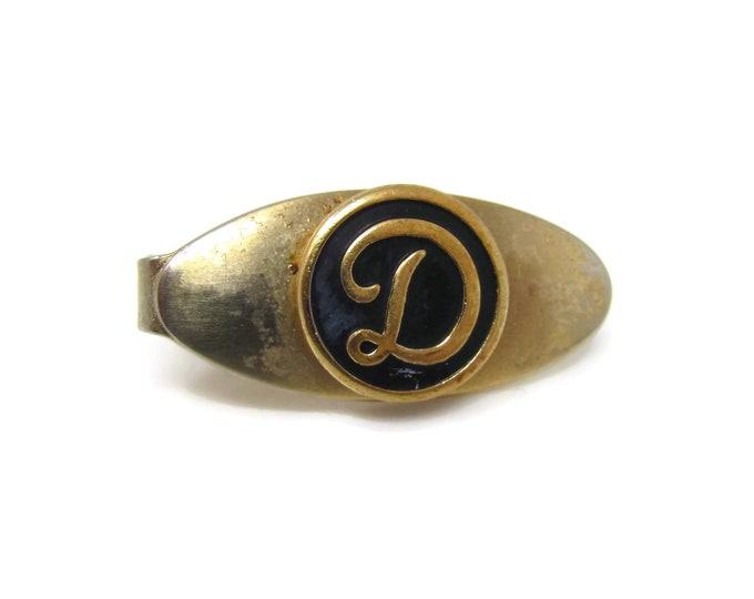 Vintage Tie Clip Tie Bar: Letter D Initial "D" Classic Small Oval Design Gold Tone