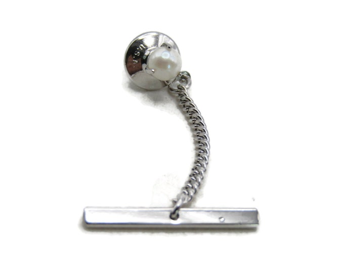 White Stone Inlay Tie Lapel Pin & Chain Modernist Silver Tone Men's Jewelry