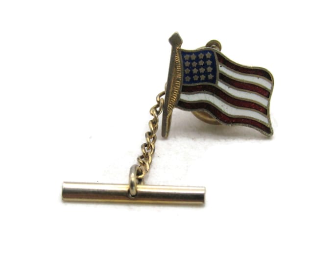 United States Flag Tie Lapel Pin & Chain Patriotic Gold Tone Men's Jewelry