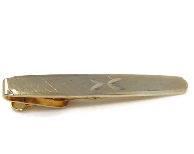 Flower Etch Center Tie Bar Clip Vintage Men's Jewelry Gold Tone Nice Design