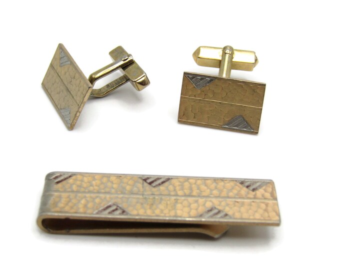 Vintage Men's Jewelry Set: Tie Bar Cufflinks Triangle Pattern Textured Gold Tone