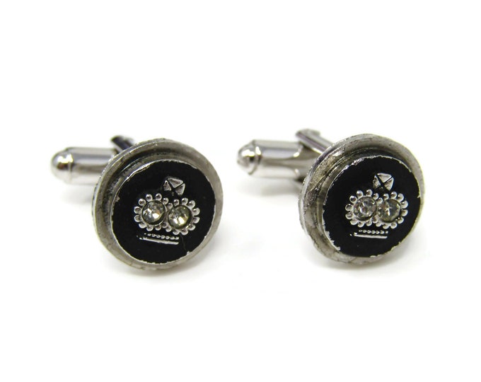 Vintage Cufflinks for Men: Crown Center Double Clear Jewel Small Silver Tone & Black Round Circle Design