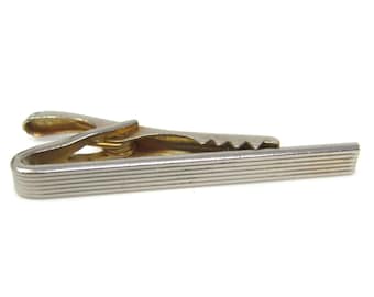 Grooved Lines Horizontal Tie Clip Bar Faded Gold Tone Vintage Men's Jewelry Nice Design