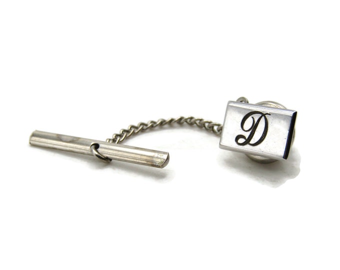D Letter Initial Monogram Rectangle Tie Pin Men's Jewelry Black And Silver Tone