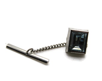 Light Blue Rectangle Stone Tie Pin And Chain Men's Jewelry Silver Tone
