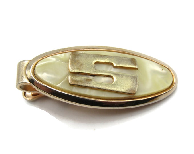 S Letter Initial Monogram Mother of Pearl Inlay Gold Tone Tie Clip Tie Bar Men's Jewelry