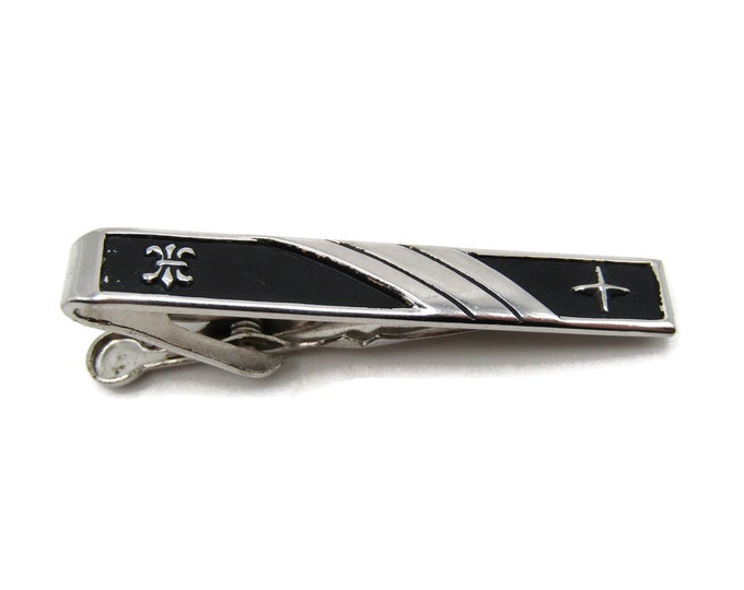 Arc Shape Star and Fleur Black Background Silver Tone Tie Clip Tie Bar Men's Jewelry