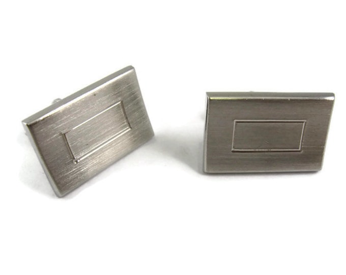 Vintage Cufflinks for Men: Rectangle Etched Center Silver Tone Setting