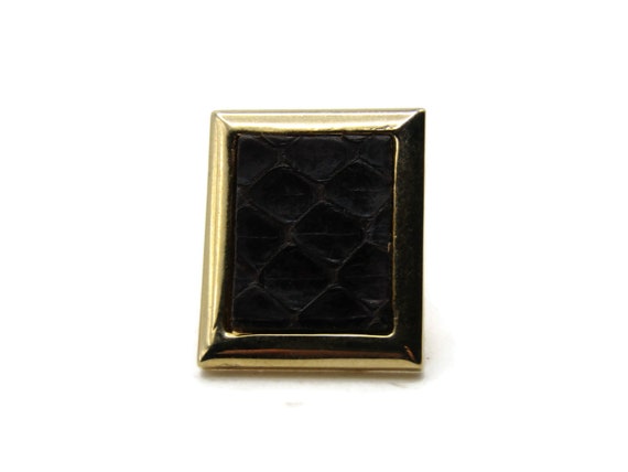 Black Leather Textured Center Rectangle Tie Pin Men's Jewelry Gold Tone