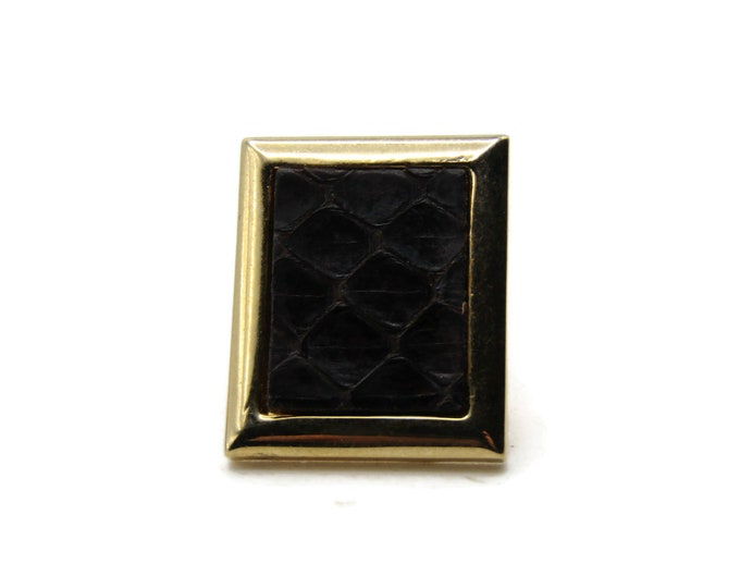 Black Leather Textured Center Rectangle Tie Pin Men's Jewelry Gold Tone