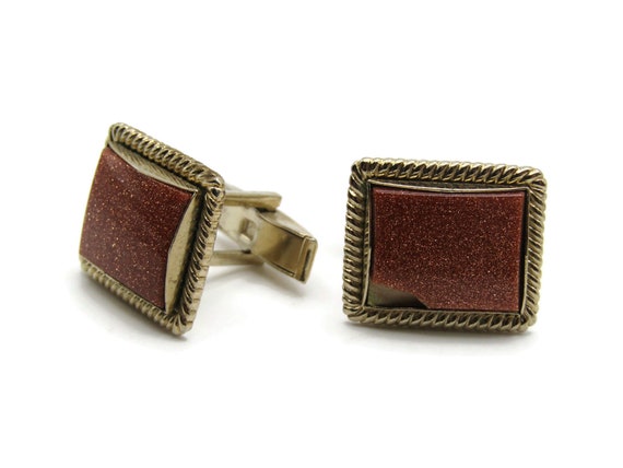 Vintage Cufflinks for Men: Brown Glitter Stone In… - image 2