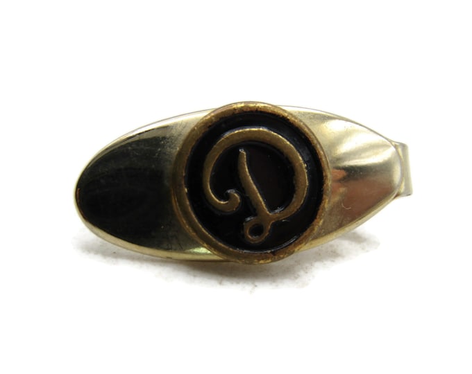 D Letter Initial Monogram Tie Clip Oval & Black Background Gold Tone Tie Bar Men's Jewelry