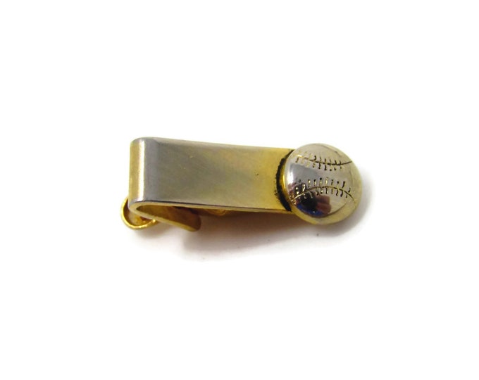 Vintage Tie Clip Tie Bar: Baseball Ball Small Gold Tone Design