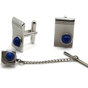 Blue Stone Inlay Vintage Men's Jewelry Set: Tie Pin Chain Tie Bar Cufflinks