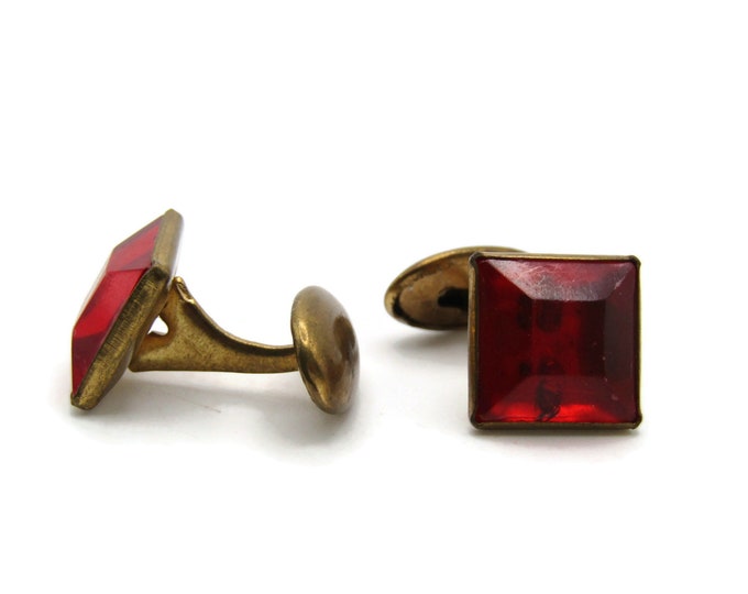 Square Red Stone Cuff Links Men's Jewelry Gold Tone