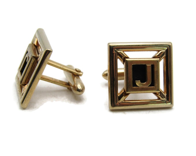 J Letter Initial Monogram Cuff Links Open Square Design Black & Gold Tone Men's Jewelry