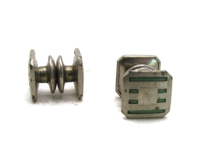 Green Stone Inlay Snap Back Cuff Links Silver Tone Men's Jewelry