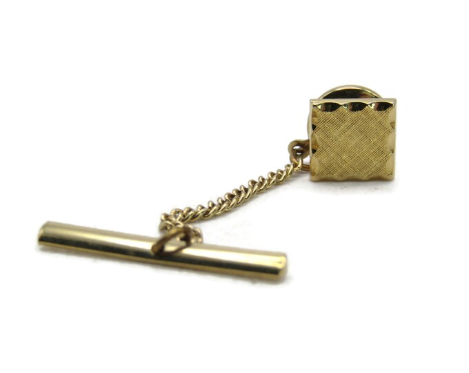 Square Tie Lapel Pin Chain Textured & Scalloped Edges Gold Tone Men's Jewelry